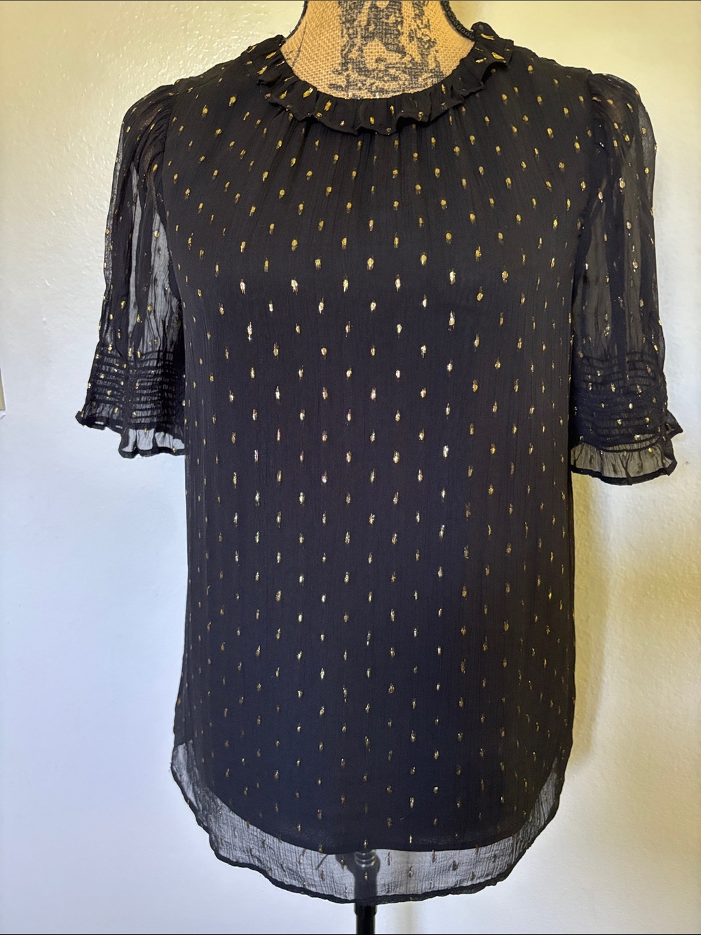 J. Crew Sz XS Black Sheer Blouse with Gold Dot Accents and black lining